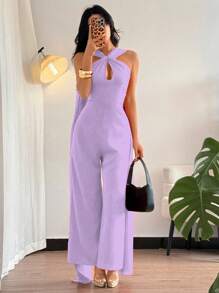 Chiquease Elegant Gathered Waist & Twisted Detail Open Back Jumpsuit, Red Color, Fashionable For Women, Spring/Summer - Purple - View 4
