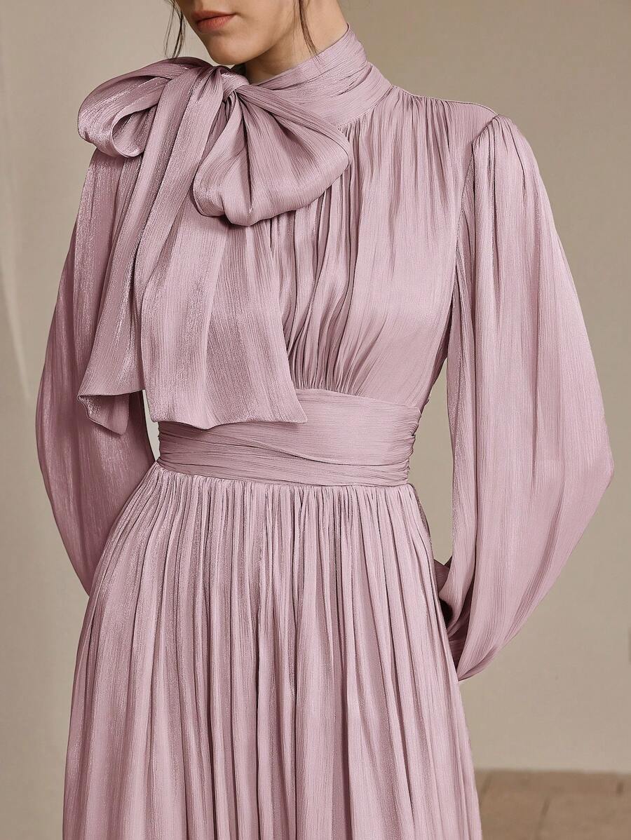 Anewsta 女士长款灰绿色连衣裙，春秋款，褶皱腰身，光泽，优雅百搭