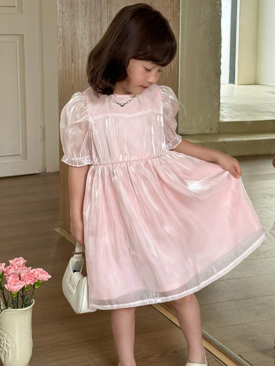 SHEIN Little Byeori Young Girls Ruffle Sleeve Princess Style Dress Lovely Pink Flared Dress For Short Sheer Polyester With Three-Quarter Sleeves - Pink - View 1