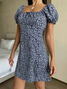 Tween Girls' Navy Blue Ditsy Floral Stand Collar Bow Front Fitted Puff Sleeve Mini Dress, For Parties, Vacations, Outings, Coastal Grandma Outfit