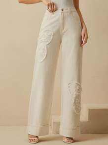 Anewsta 女士新款时尚优雅刺绣情人节派对蓝色直筒牛仔裤 - 杏色 - 查看 7