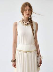 Florisole 波西米亚风无袖背心和阔腿裤两件套，休闲宽松 - 杏色 - 查看 7