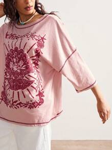 Bohemela Boho Casual Resort Style Shell Print Pattern Solid Color Knit Crew Neck Loose Washed Women T-Shirt - Pink - View 5