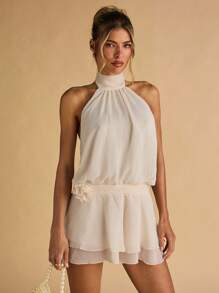 SHEIN BAE 夏季女式纯杏色雪纺细肩带露背优雅休闲连体裤 - 杏色 - 查看 5