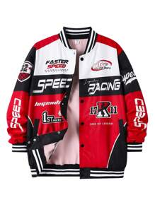 SHEIN Chaqueta informal de béisbol para adolescente con bloques de color, logotipo y estampado en inglés, manga larga con puño acanalado y tejido plano para abrigo, estilo urbano