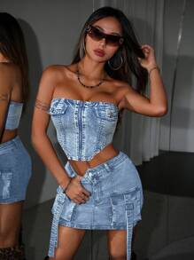 SHEIN ICON Blusa entallada de denim azul corta para mujeres - Lavado ligero - Ver 3