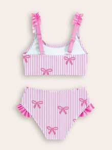 SHEIN GraphicGems Conjunto de bikini con volantes y estampado de lazos a rayas para niñas, traje de baño de dos piezas de verano para niñas