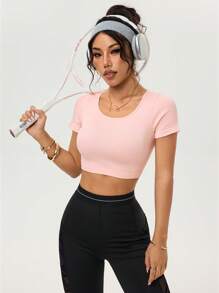 Easithlete Top corto sin costuras de manga corta para fitness - Rosa - Ver 4