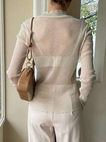 DAZY Lettuce Trim Mock Neck Mesh Top Without Bra Sheer Long Sleeve Women Tops,Fall Women Clothes - Beige - View 2