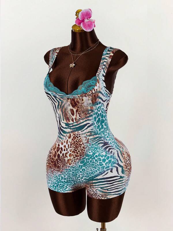 Amplova Wide Top & Narrow Bottom Spaghetti Strap Square Neck Lace Cup Spliced Leopard Print Bodysuit