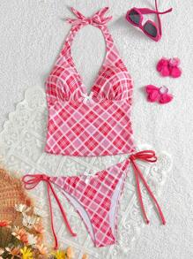 Swim Mod Plaid Print Sweet & Elegant Tankini Swimsuit Set For Summer Beach Vacation - Multicolor - View 1