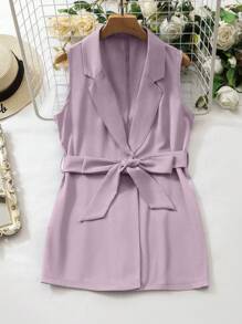 Seusyu 女士休闲西装套装，翻领无袖上衣和裤子两件套 - 淺灰紫 - 查看 4