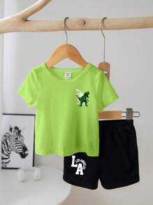 Leap Crew Conjunto de camiseta de manga corta con cuello redondo y estampado de dinosaurios y pantalones cortos con estampado gráfico de nombre de ciudad, estilo casual y elegante para bebé niño, apropiado para primavera/verano - Multicolor - Ver 2