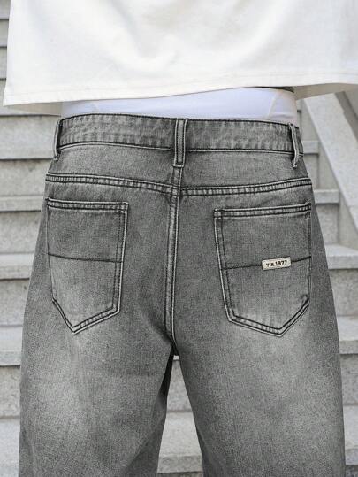 Manfinity EMRG Men's Pockets Loose Wide Leg Casual Versatile Denim Shorts Grey Jean Shorts Men