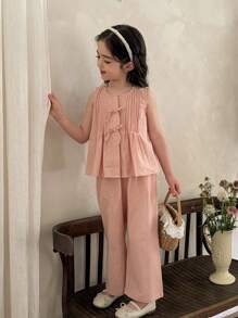 SHEIN LMoss Kids 青少年女孩休闲日常度假学院风粉色圆领褶饰吊带背心搭配宽松直筒裤套装，开学季 - 粉色 - 查看 7