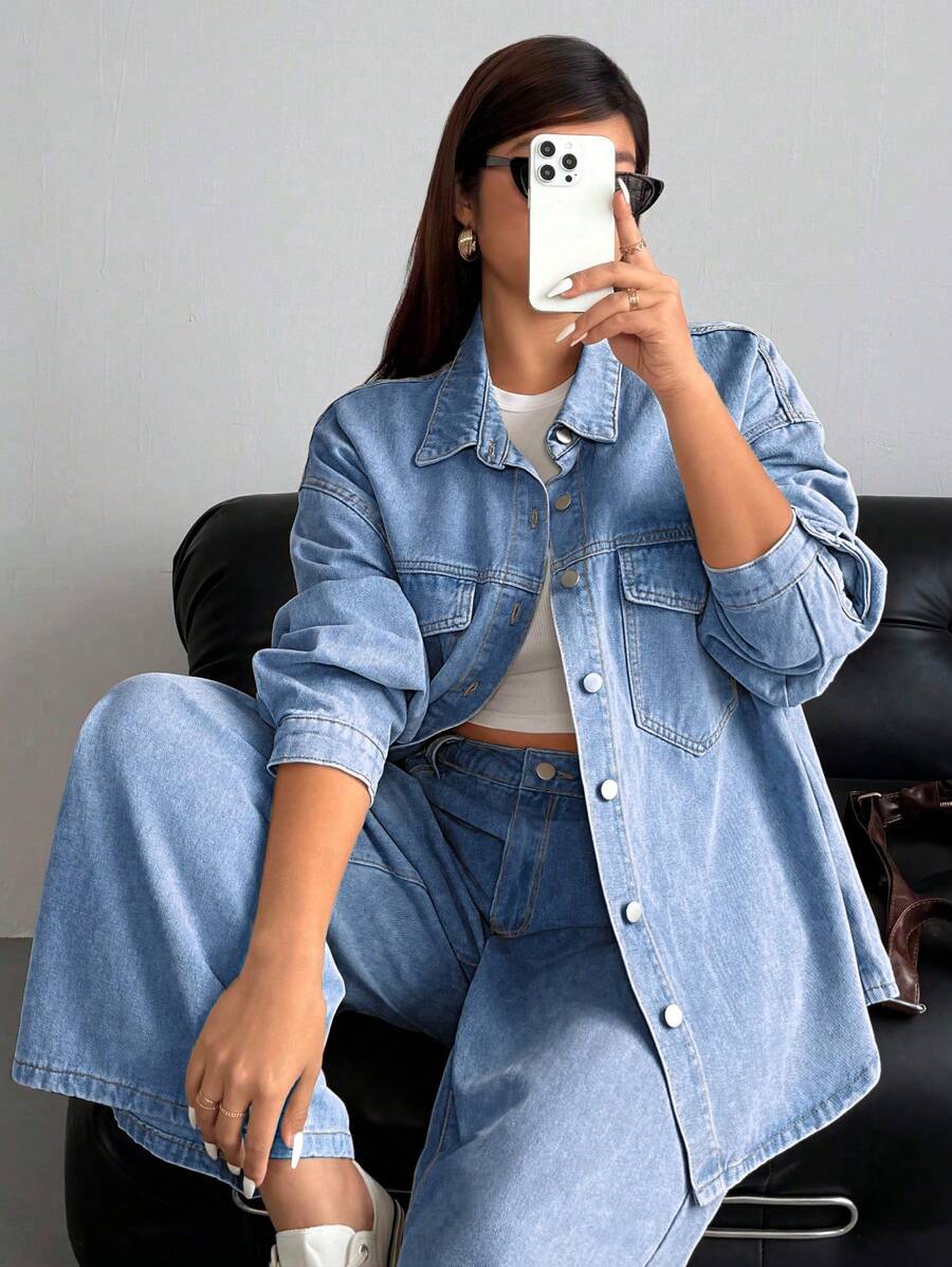 SHEIN ICON 女式大码休闲宽松街头风格牛仔裤 - 淺色水洗藍 - 查看 1