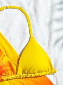 4pcs Tween Girls Floral Print Halter Bikini Set Set With Long Sleeve Top And Ruffle Skirt - Yellow - View 5