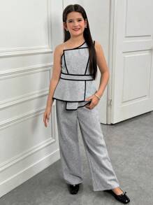 SHEIN 青少年女孩休闲简约舒适不对称领口无袖撞色边衬衫和裤子套装 - 杏色 - 查看 1