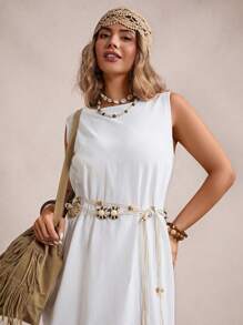 Freevana Plus Size Solid Color Sleeveless Round Neck Midi Dress,Beach Dress Sundress,Holiday Outfits Boho