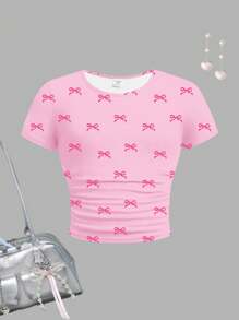 Tween Girls' Slim Fit Casual Solid Color Round Neck Ruched Short Sleeve T-Shirt, Suitable For Summer