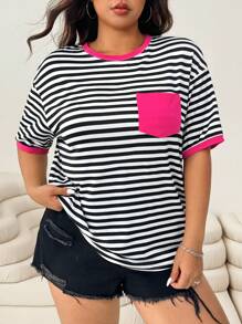 Solflare Camiseta de manga corta de talla grande para mujer, con bolsillo y diseño de rayas y parches, para verano - Multicolor - Ver 6