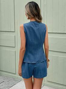 SHEIN Frenchy Set de 2 piezas de top sin mangas con botones delanteros y shorts casual para mujer