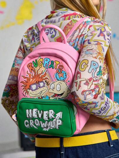 Nick 90's X ROMWE Mochila casual de moda con patrón de dibujos animados de colores contrastantes