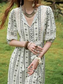 Florisole Women's Casual Elegant Lace Patchwork Faux Linen Floral Print Dress - Multicolor - View 2