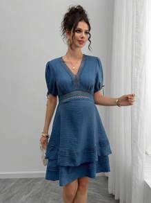 SHEIN Maternity V-Neck Patchwork Puff Sleeve Dress - Blue - View 5