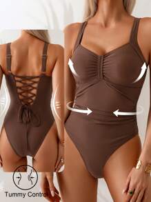 Shapewave Women's Slimming Elegant Brown Drawstring One Piece Swimsuit