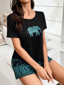 2pcs Elephant Retro Print T-Shirt And Shorts Sleepwear Set - Multicolor - View 3
