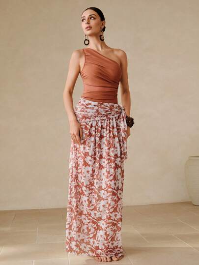  Swim Oasis 女士纯色褶皱网眼拼接连体泳衣（含纱笼裙）