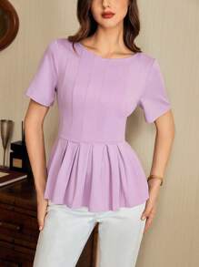 Vintamour Áo thun nữ tay ngắn xếp nếp cổ điển thanh lịch, ôm vừa vặn, màu tím, xuân/hè, áo peplum - Màu tím hoa cà - Xem 5