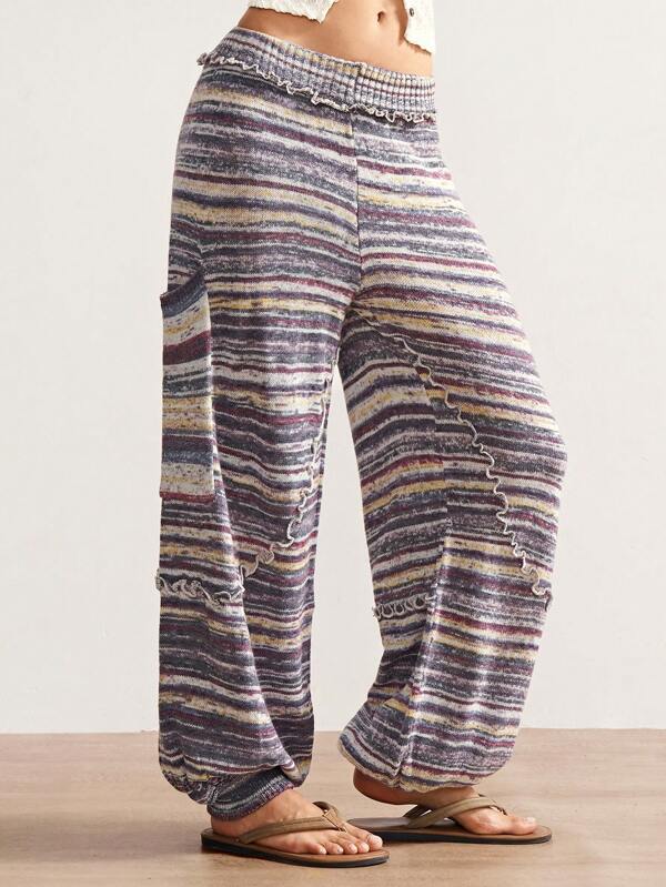 Bohemela Women Elastic Waist Ruffle Trim Striped Straight Leg Casual Boho Knitted Pants Bohemian Pants Hippie Pants Harem Pants Knit Pants Loose Pants