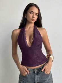 Aloruh 女士花卉纹理露背紫色蕾丝吊带背心，优雅性感，适合办公室、外出、约会、教师等场合。 - 紫色 - 查看 8