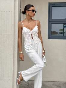 Siren Gaze 女式夏季纯色前系带亮片吊带背心 - 杏色 - 查看 5