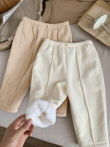 SHEIN LMoss Kids LMoss 2 件装女婴灯芯绒保暖内衬松紧腰裤套装，秋冬款