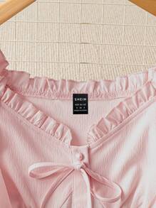 Franclia 女士甜美优雅法式系带撞色蕾丝露肩修身短款上衣，适合春夏穿着，粉色可爱蕾丝上衣 - 粉色 - 查看 4