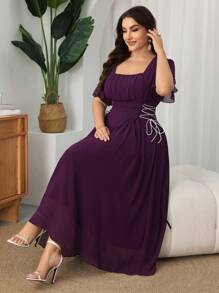 Modelyn Plus Size Elegant Chiffon Bell-Sleeve Cinched Waist Waist Dress, Suitable For Spring & Summer - Purple - View 1
