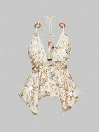 Top asymétrique à col ras-du-cou en tissu brodé de perles, style vintage hippie pour vacances, avec perles en bois