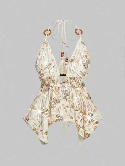 Chaleco de mujer con bajo asimétrico, con escote halter, bordado, de tela con cuentas de madera, estilo hippie vintage para vacaciones