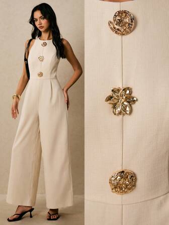 Poéselle 女士浪漫时尚金属扣装饰优雅连体裤