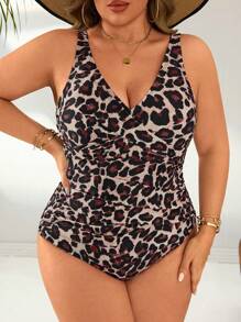 SHEIN Swim Curve 大码女式连体细肩带豹纹修身高端泳衣，度假时可遮盖小腹 - 咖啡棕 - 查看 4