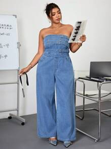 Jeanoix Plus Size Women's Patchwork Jumpsuit, Light Blue Non-Stretch Casual Denim Jumpsuit