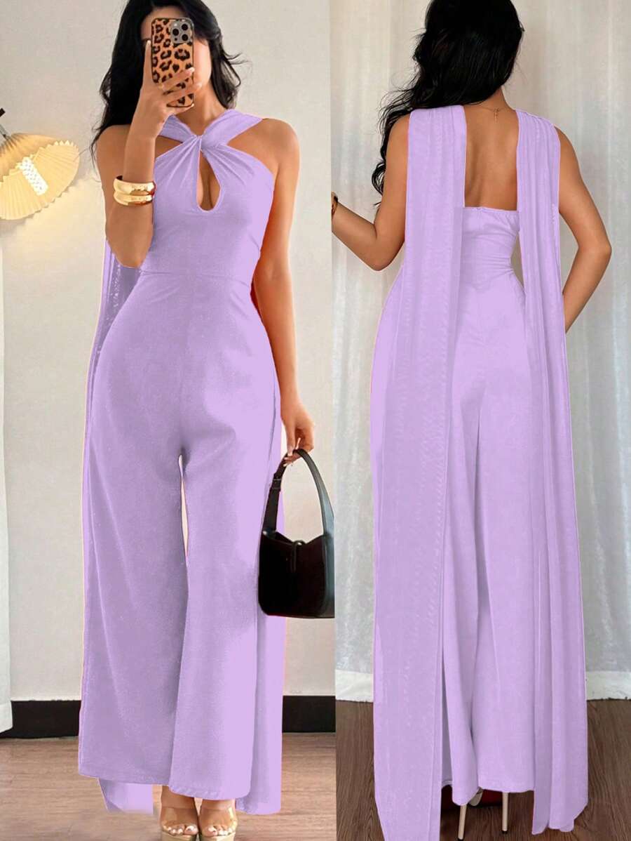 Chiquease Elegant Gathered Waist & Twisted Detail Open Back Jumpsuit, Red Color, Fashionable For Women, Spring/Summer - Purple - View 1