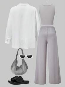 SHEIN 3 件套青少年女孩轻质防晒长袖衬衫、吊带背心和裤子休闲舒适服装，春夏季 - 淺灰色 - 查看 3