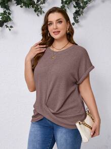 SHEIN Clasi Áo thun tay ngắn cổ tròn đơn giản giản dị cỡ lớn - Bụi hồng - Xem 6