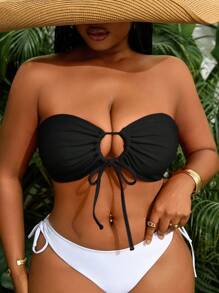 Slaydiva Plus Size Sexy Animal Print Bandeau Bikini Top With Drawstring For Summer Beach Vacation - Black - View 3