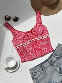 Comfortcana Women's Vacation Shirred Lace Up Plaid Patchwork Tank Top - Red and White - View 4