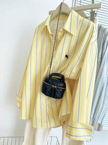 INAWLY Women Casual Commuter Striped Long Sleeve Shirt - Yellow - View 3